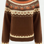 Marion vintage Icelandic sweater back view, dark brown knit with Fair Isle stripe bands