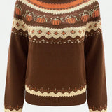 Marion vintage Icelandic sweater back view, dark brown knit with Fair Isle stripe bands