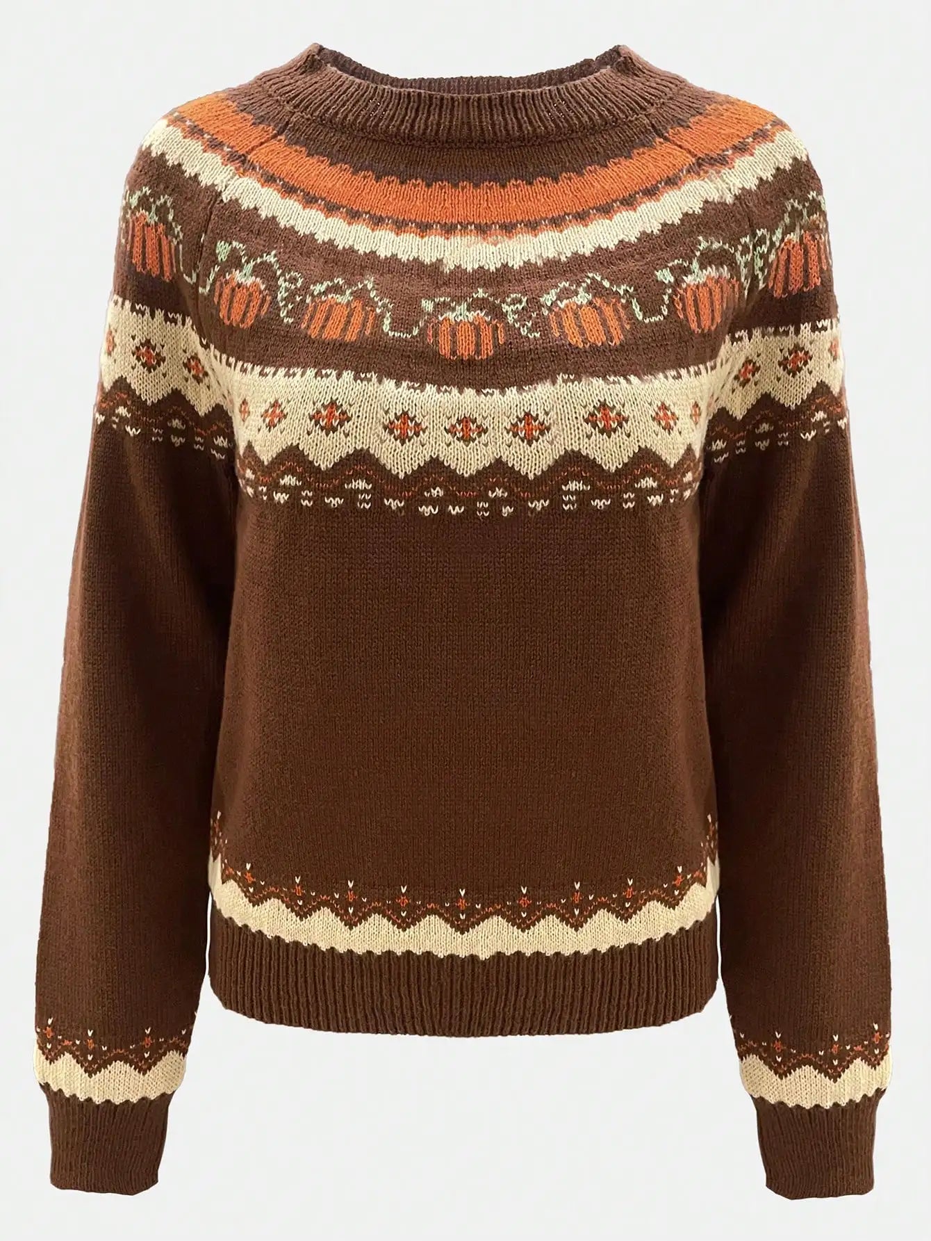 Marion vintage Icelandic sweater back view, dark brown knit with Fair Isle stripe bands
