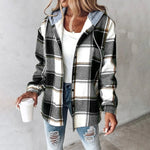 Plaid hooded jacket with button front, long sleeves, dark green and white stripe checks