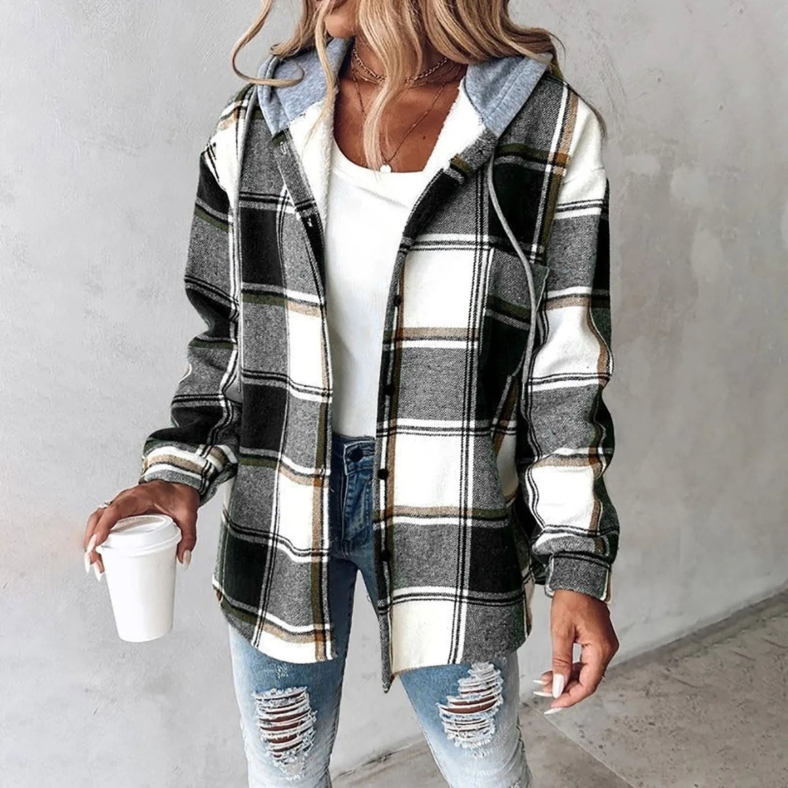 Plaid hooded jacket with button front, long sleeves, dark green and white stripe checks