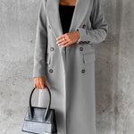 Gray double-breasted overcoat with notch lapels, long sleeves, and buttoned pockets