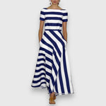 Striped maxi dress with short sleeves, boat neckline, draped waist panel in blue/white