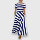 Striped maxi dress with short sleeves, boat neckline, draped waist panel in blue/white
