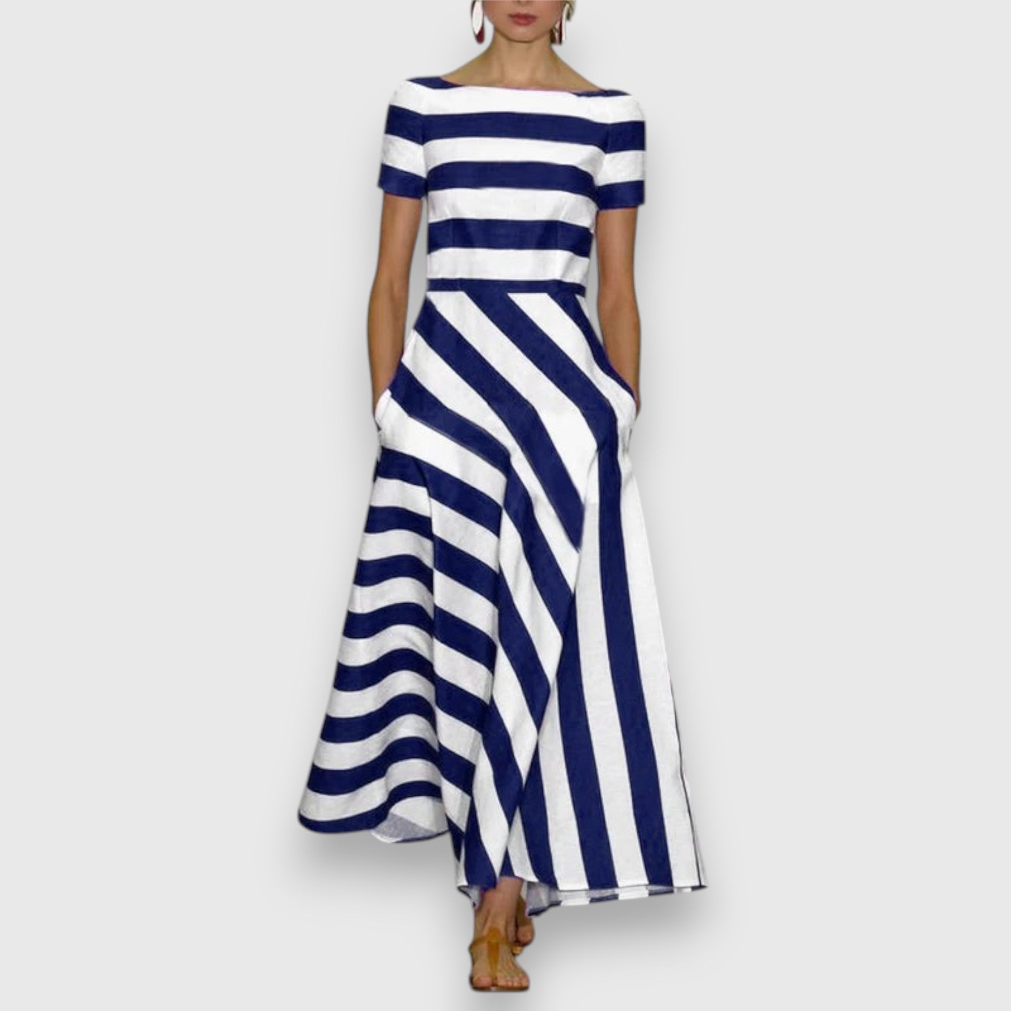 Striped maxi dress with short sleeves, boat neckline, draped waist panel in blue/white
