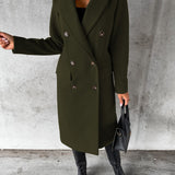 Dark olive double-breasted overcoat with notch lapels, long sleeves, and metal button accents