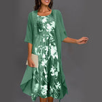 Green floral dress set with open-front draped cardigan, round neckline