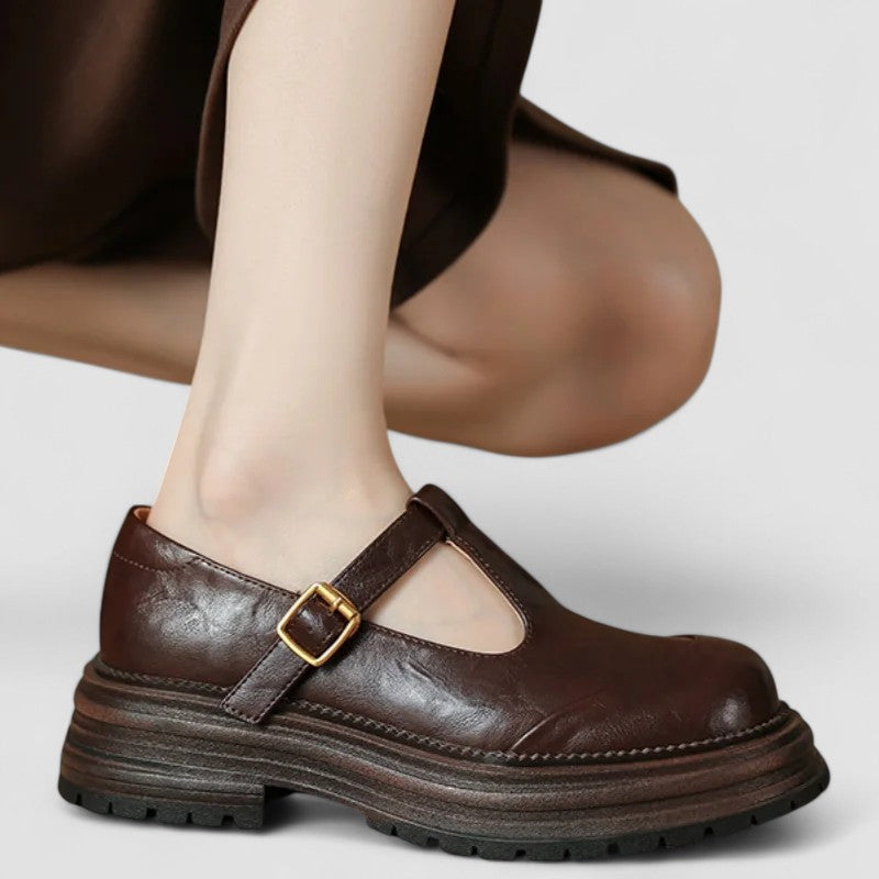 Orthopedic Mary Jane shoes, brown T-strap with buckle and chunky tread sole