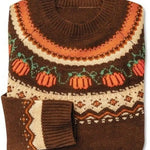Marion vintage Icelandic sweater flat lay, dark brown with multicolor Nordic motif pattern