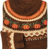 Marion vintage Icelandic sweater flat lay, dark brown with multicolor Nordic motif pattern