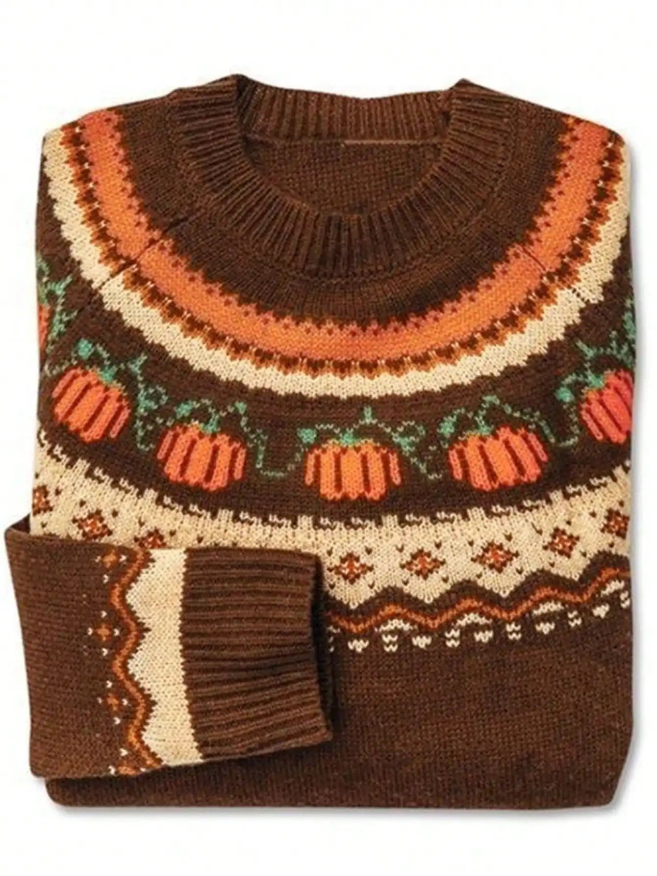 Marion vintage Icelandic sweater flat lay, dark brown with multicolor Nordic motif pattern