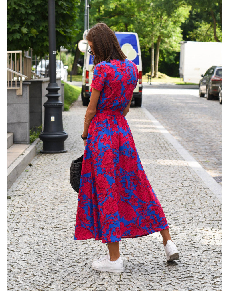 Comfy maxi dress, pink/blue-red floral, short sleeves, tie waist, front slit