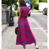 Comfy maxi dress, pink/blue-red floral, short sleeves, tie waist, front slit