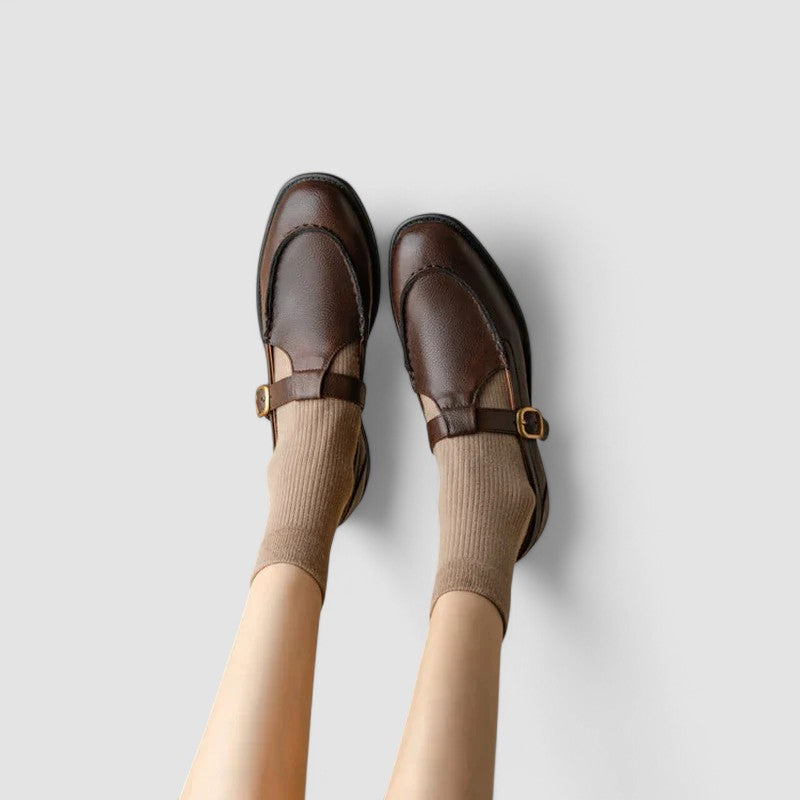 Orthopedic Mary Jane shoes with square toe, brown leather-look, gold-tone buckle