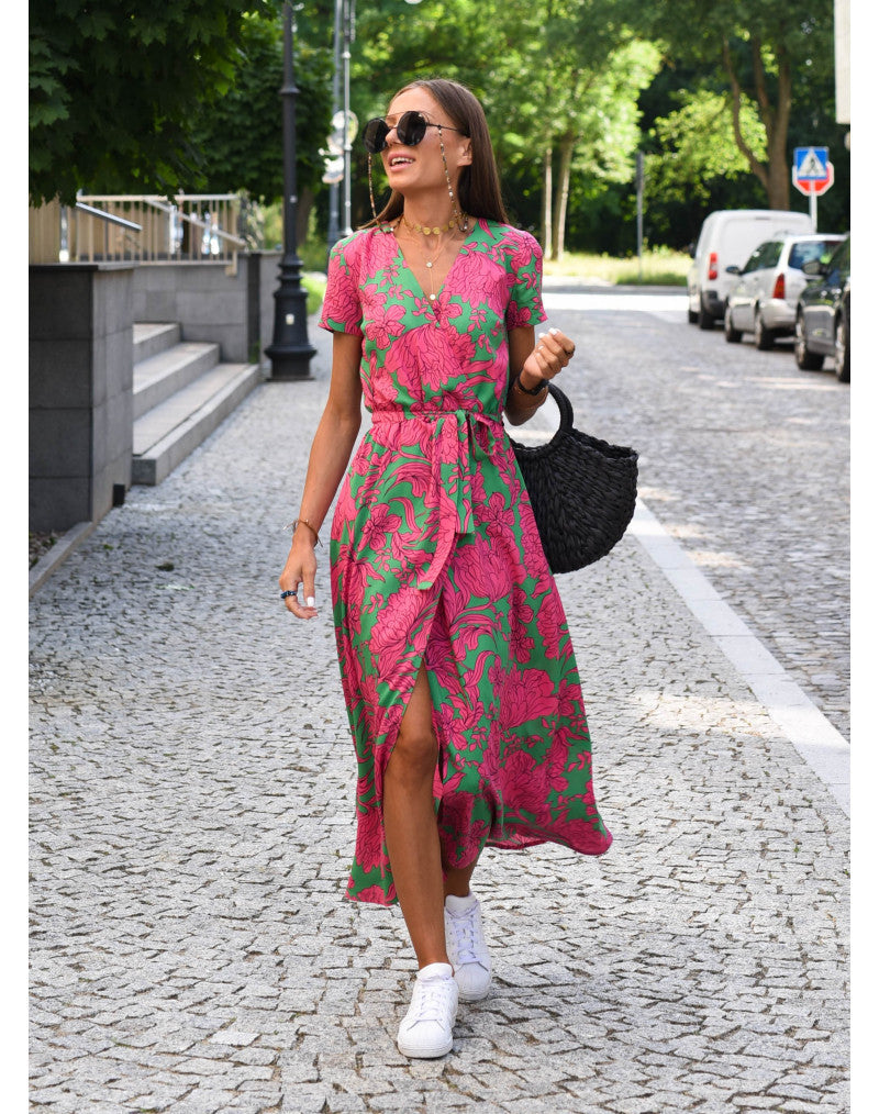 Comfy maxi dress, pink/green floral, V-neck, tie waist, front slit