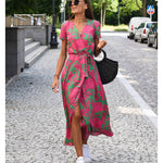 Comfy maxi dress, pink/green floral, V-neck, tie waist, front slit