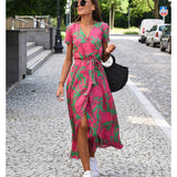 Comfy maxi dress, pink/green floral, V-neck, tie waist, front slit