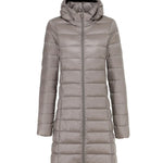 Light khaki-beige ultralight long puffer jacket with attached hood and front zipper
