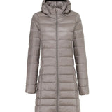 Light khaki-beige ultralight long puffer jacket with attached hood and front zipper
