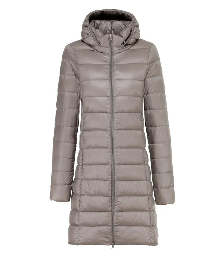 Light khaki-beige ultralight long puffer jacket with attached hood and front zipper
