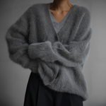 Gray fuzzy button cardigan with V-neck and relaxed, slouchy sleeves