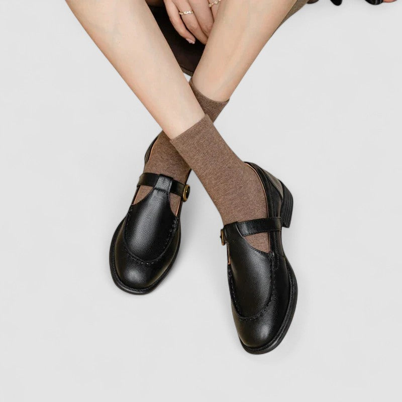 Orthopedic Mary Jane shoes with square toe, black leather-look, buckle strap