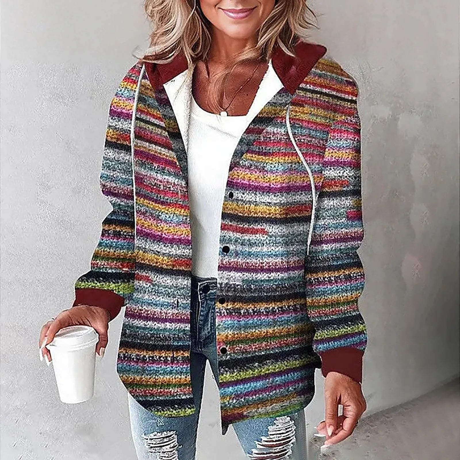 Isabella™ multicolor striped hooded jacket with button front and long sleeves