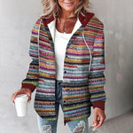 Multicolor striped hooded jacket with button front, long sleeves, burgundy trim cuffs