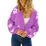 Purple cropped V-neck cardigan with long sleeves and white flower print