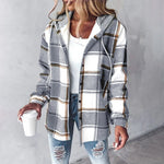 Isabella™ grey plaid hooded jacket with button front and long sleeves