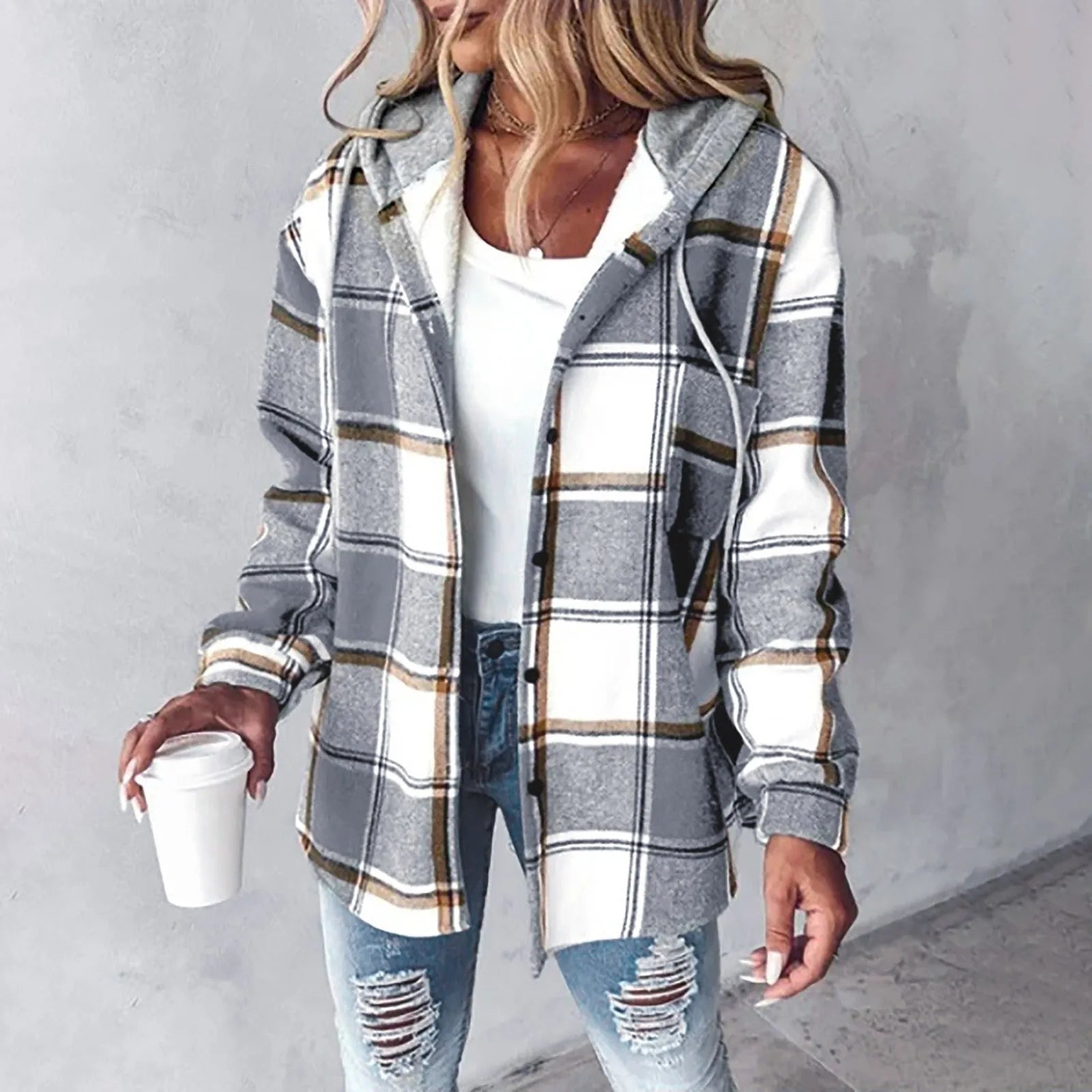 Plaid hooded jacket with button front, long sleeves, chest pockets, dark gray and tan