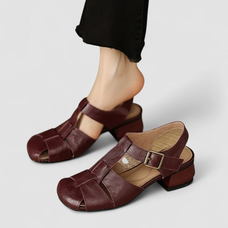 Orthopedic Mary Jane shoes, dark maroon leather with buckle ankle strap