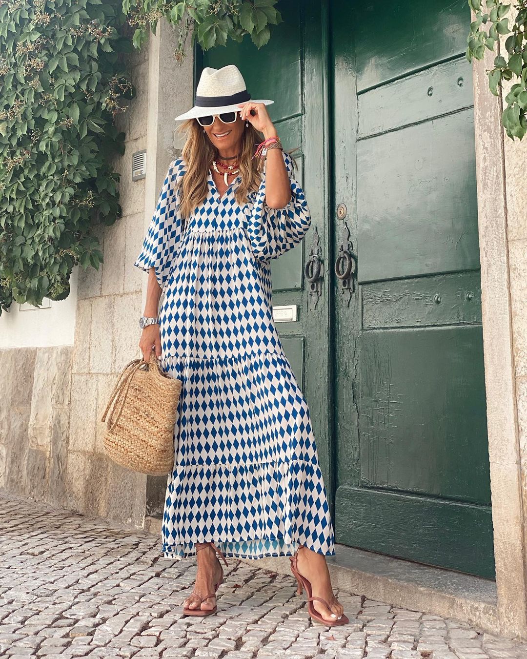 Bohemian maxi dress in blue with white diamond geometric print and short sleeves