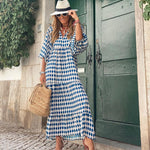 Bohemian maxi dress in blue with white diamond geometric print and short sleeves