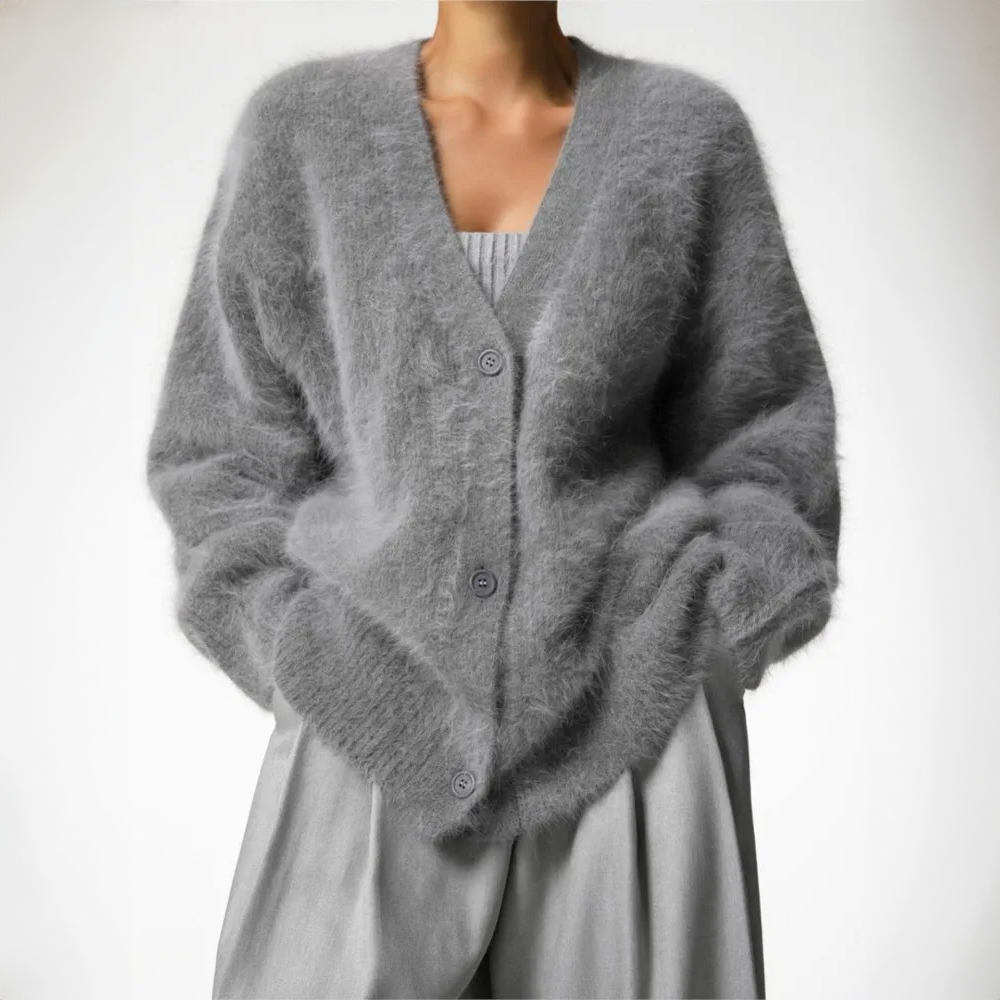 Light gray cardigan sweater with V-neck and button front, soft fuzzy texture