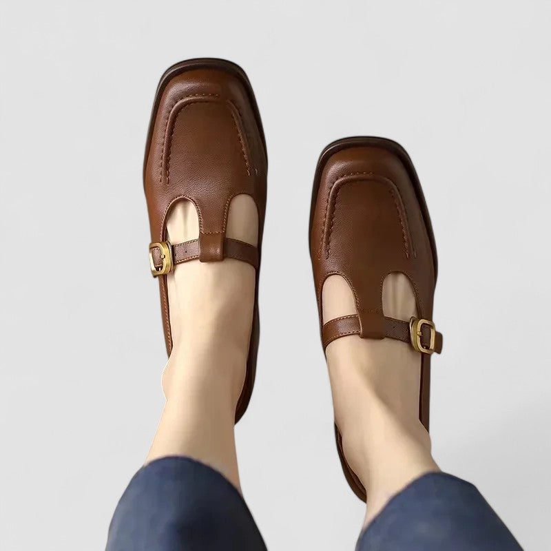 Orthopedic T-strap Mary Jane shoes, brown with gold-tone buckle strap