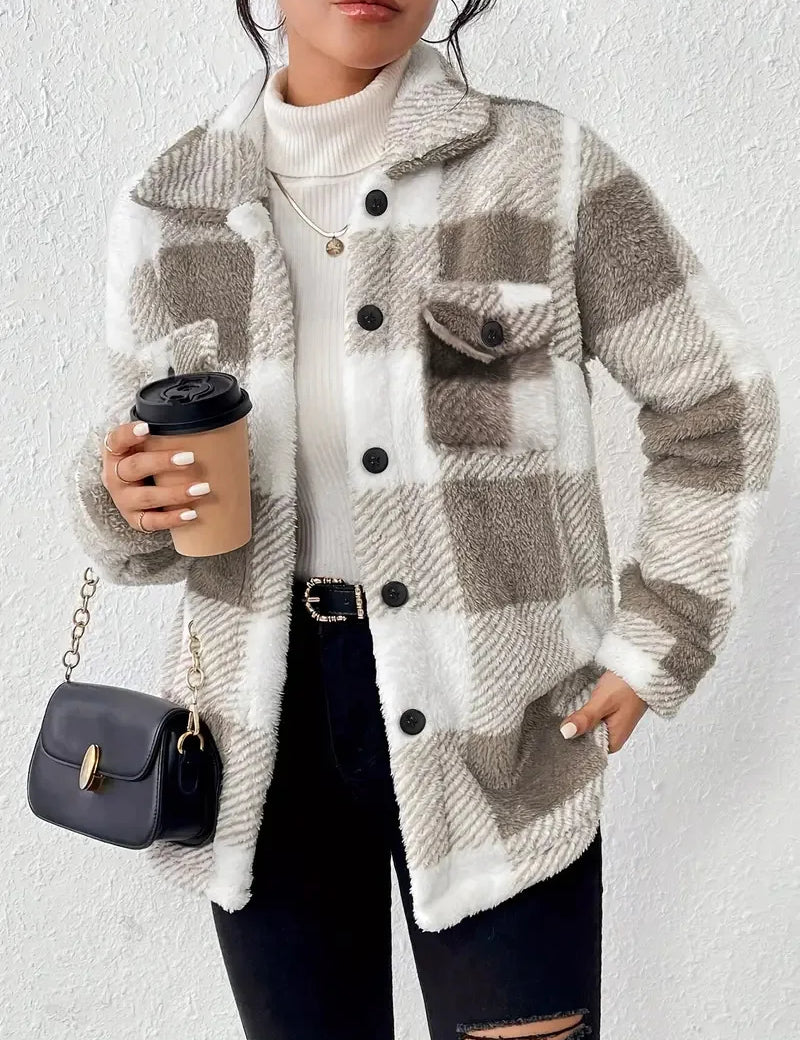 Plaid fleece shacket with button front, stand collar, two chest flap pockets, gray tones