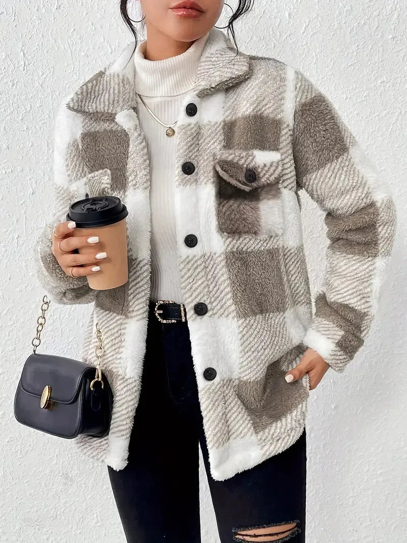 Plaid fleece shacket with button front, stand collar, two chest flap pockets, gray tones