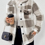 Plaid fleece shacket with button front, stand collar, two chest flap pockets, gray tones