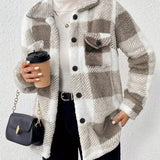 Plaid fleece shacket with button front, stand collar, two chest flap pockets, gray tones