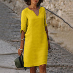 Mustard yellow V-neck midi summer dress with draped sleeve detail and belly coverage