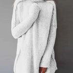 White oversized knitted pullover, high-neck, drop-shoulder fit, ribbed hem