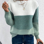 Ombre knit pullover, white to mint green gradient, ribbed crew neck and long sleeves