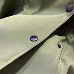 Close-up of olive-green jacket with metal snap buttons along trim