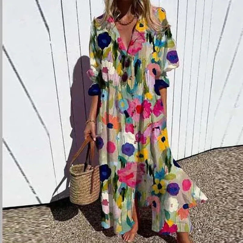 Bohemian maxi dress with multicolor floral print, V-neck, button front, puff sleeves