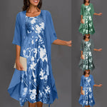 Blue floral dress set with open cardigan overlay, round neckline, three-quarter sleeves