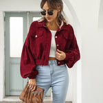 Burgundy cropped jacket with flap pockets and button front, long puff sleeves