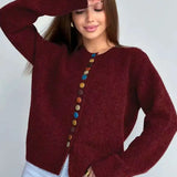Wine red knit cardigan with long sleeves and vertical button placket