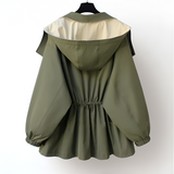 Windproof weatherproof jacket with olive-green outer, back hood and gathered waist