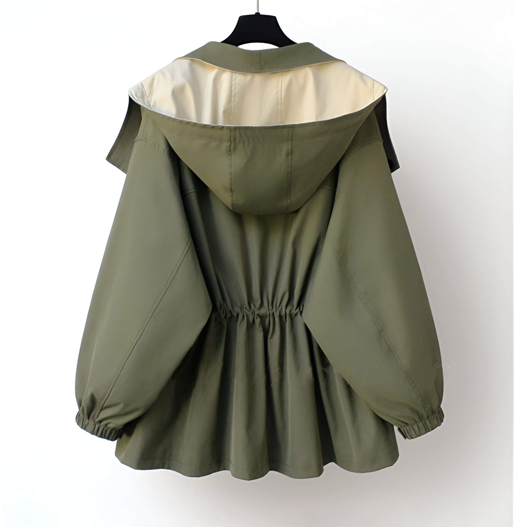 Windproof weatherproof jacket with olive-green outer, back hood and gathered waist